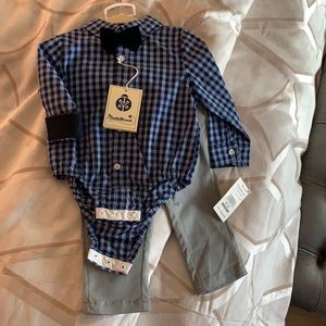 Blue shirt gray twill pant/ velvet bow tie /set